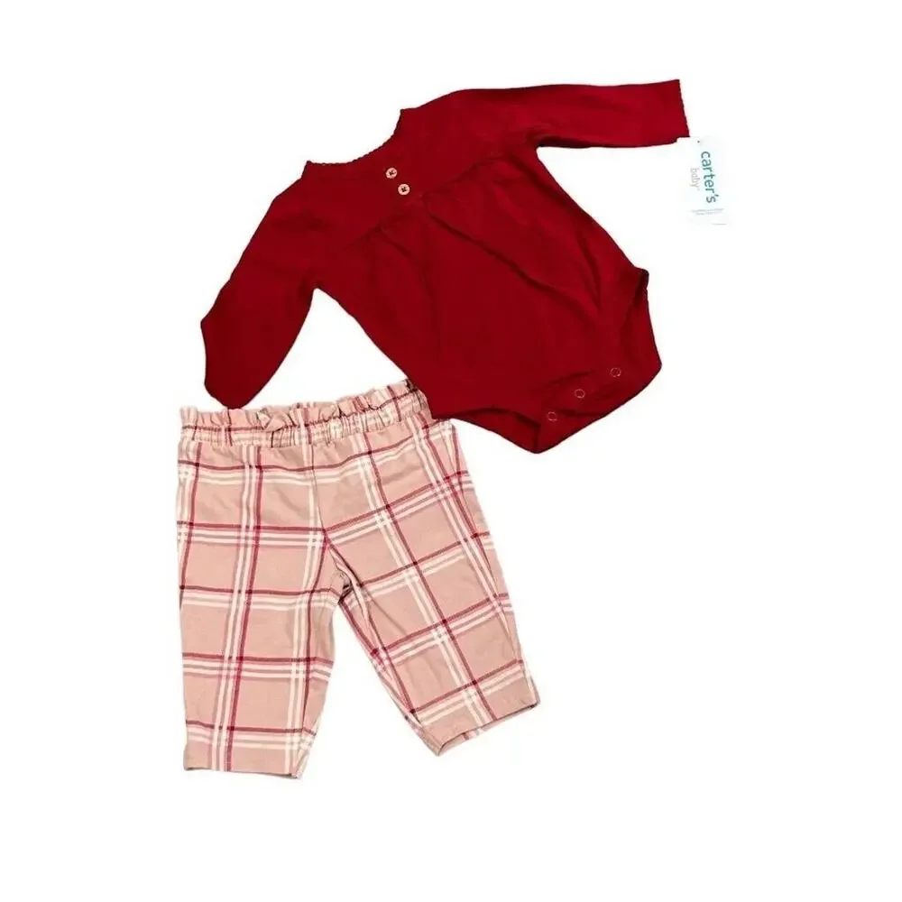 3M Carter's Baby Girls 2 Piece Pant Set Pink Maroon Bodysuit and Plaid Pants